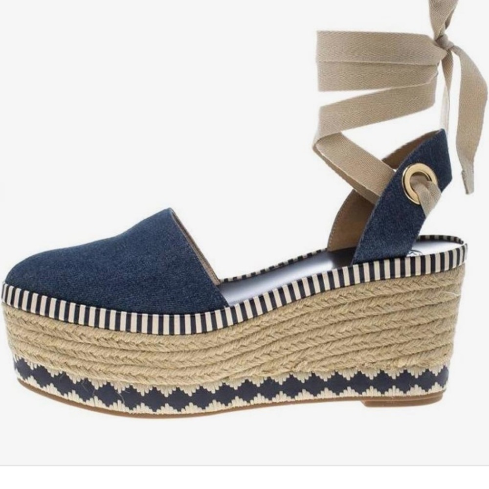 Denim dandy ankle wrap espadrilles wedge sandals